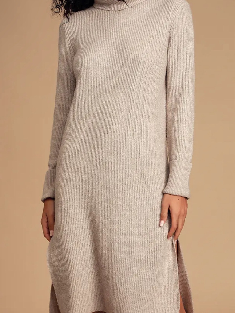 Lulu's Ribbed Turtleneck Knit Dress in Light Beige